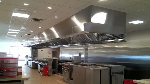 Sistema de exaustor para cozinha industrial em aço inox, instalado sobre equipamentos de cocção em ambiente profissional.