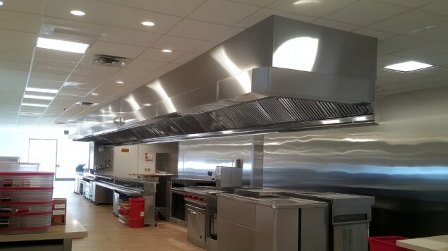 Sistema de exaustor para cozinha industrial em aço inox, instalado sobre equipamentos de cocção em ambiente profissional.