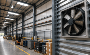 Exaustor para galpão industrial instalado em ambiente amplo para ventilação e renovação do ar