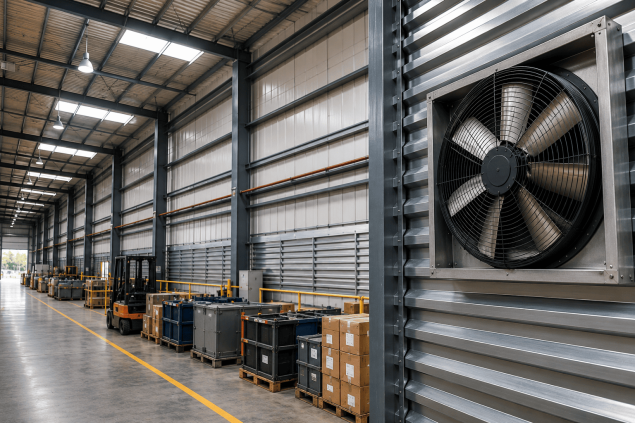 Exaustor para galpão industrial instalado em ambiente amplo para ventilação e renovação do ar