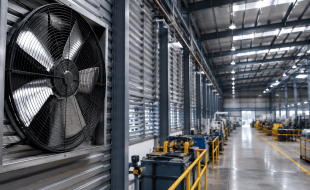 Sistema de ventilação industrial com exaustor instalado em galpão para controle térmico e renovação do ar