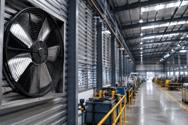 Sistema de ventilação industrial com exaustor instalado em galpão para controle térmico e renovação do ar