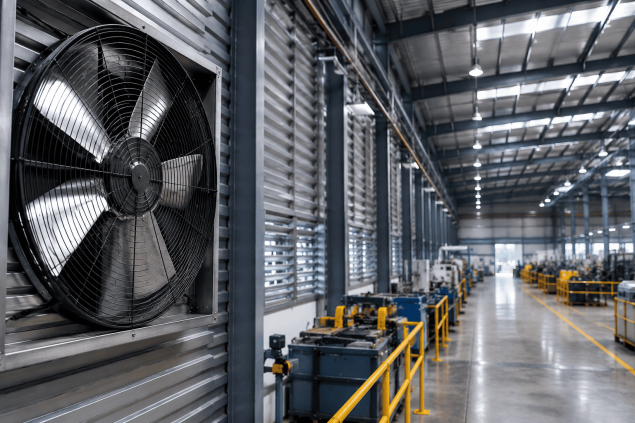 Sistema de ventilação industrial com exaustor instalado em galpão para controle térmico e renovação do ar