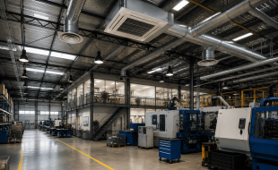 Sistema de renovação de ar em ambiente industrial com dutos de ventilação e climatização
