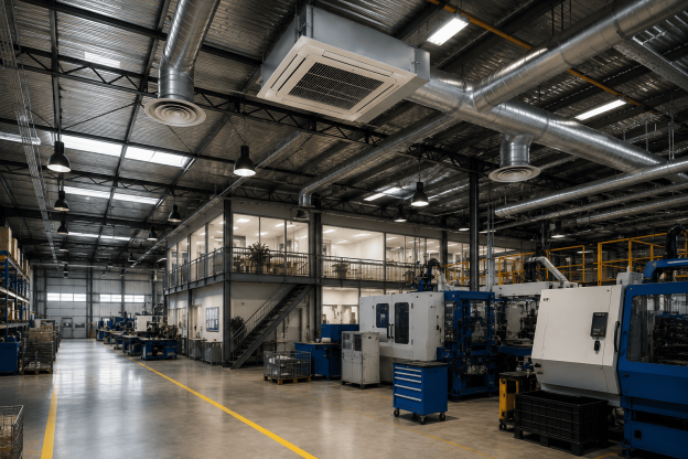 Sistema de renovação de ar em ambiente industrial com dutos de ventilação e climatização