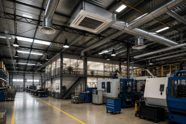 Sistema de renovação de ar em ambiente industrial com dutos de ventilação e climatização