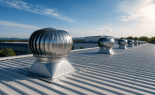 Exaustores eólicos instalados em cobertura industrial para ventilação para galpão industrial e controle do calor