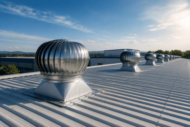 Exaustores eólicos instalados em cobertura industrial para ventilação para galpão industrial e controle do calor