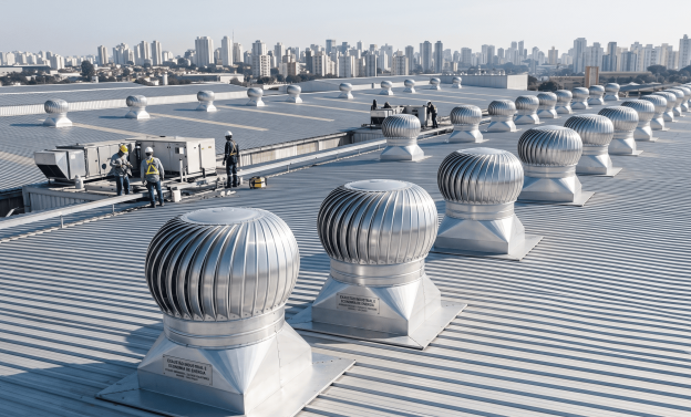 Exaustores eólicos instalados no telhado de um galpão industrial para exaustão industrial e economia de energia.