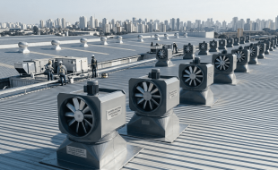 Linha de exaustores axiais instalados no telhado de um galpão industrial para ventilação para galpão industrial e conforto térmico.