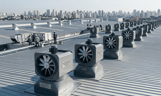 Linha de exaustores axiais instalados no telhado de um galpão industrial para ventilação para galpão industrial e conforto térmico.