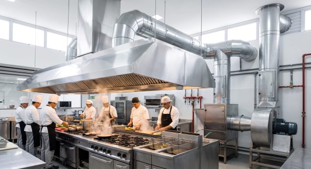Cozinha profissional com chefs trabalhando sob sistema de coifa e dutos de exaustão para cozinha industrial.