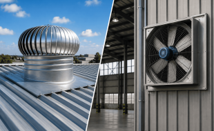 Exaustor eólico e exaustor axial instalados em galpão industrial para ventilação e renovação do ar.