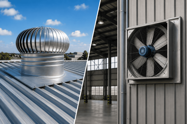 Exaustor eólico e exaustor axial instalados em galpão industrial para ventilação e renovação do ar.